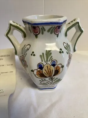 1985 Vintage D P DELFT Earthenware Vase Double Handle Hand Painted COA • $16.99