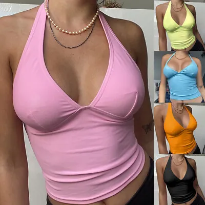 £5.94 • Buy Sexy Vest Summer Crop Top Women Camis Y2K Stretchy Halter V Neck Sleeveless Tank