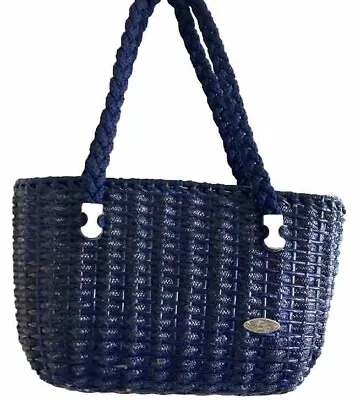 VTG Gabriella Italy Navy Blue Straw Purse With Woven Handle 14” Wide By 8” Tall • $35