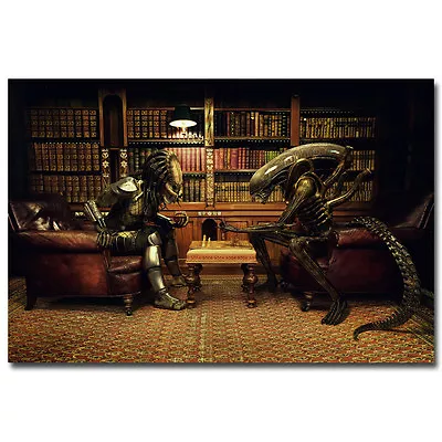 Alien Vs Predator Movie Funny Art Silk Poster 12x18 24x36 Inches Playing Chess • $11.39