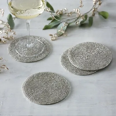 4 Silver Coasters Beaded Glass Place Mats Kitchen Home Decor Metallic Round Gift • £7.99