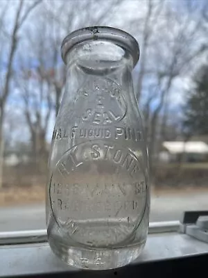 RARE H.L. Stone Waltham MA. Embossed Half Pint Glass Milk Bottle Antique Mass. • $18.99