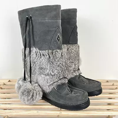 Manitobah Mukluks Canada Gray Suede & Fur Beaded Winter Boots Womens 9 • $169.99