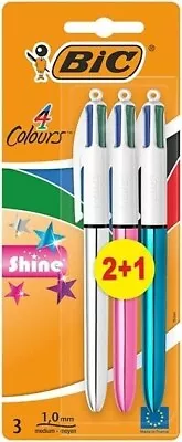 1 X  3 Pack Supplied BIC 4 Colours Shine Ballpoint Pens Medium Point  1.0 Mm PBS • £5.40