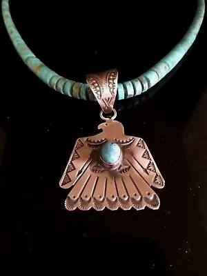 Navajo Signed Sterling Silver Turquoise Thunderbird  Pendant Vincent Platero Sr • $479.95