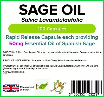 Sage Essential Oil 50mg (100 Rapid Release Caps) Menopause Supplement LINDENS UK • £8.99
