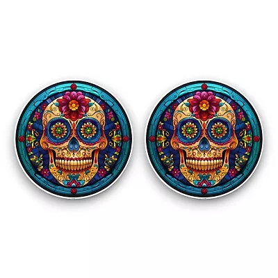 2x Small Mexican Sugar Skull V2 Stained Glass Window Effect Vinyl Sticker Decals • £2.59