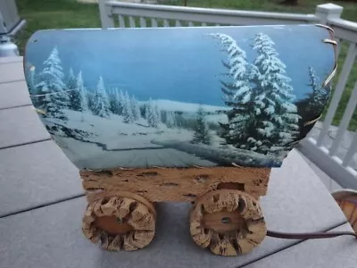 Vintage Fiberglass Whipstitch Summer/Winter Wood Covered Wagon Lamp Light AS IS • $25