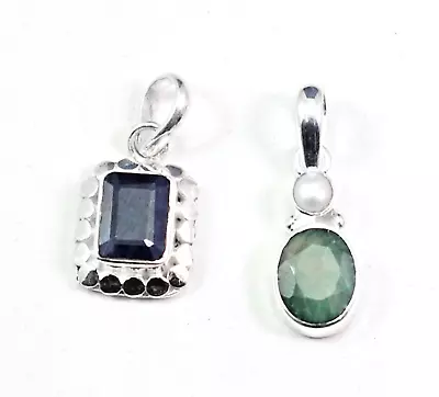 Emerald Sapphire Gemstone 925 Sterling Silver Combo Pendant Set KP1141 • $19.85