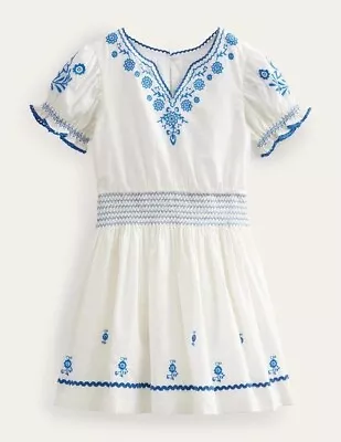 Mini Boden Embroidered Shirred Dress White Blue NWT New 11-12 • $68
