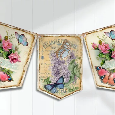 £5.79 • Buy Shabby Chic Butterfly Bunting Hanging Decoration Flags Tea Party Floral Roses