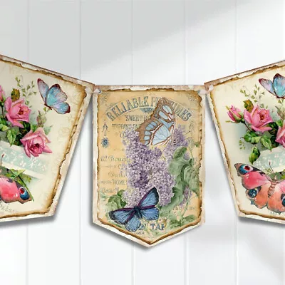£5.79 • Buy Shabby Chic Butterfly Bunting Hanging Decoration Flags Tea Party Floral Roses