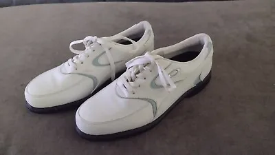 Oakley 96548 White Blue Leather Soft Spike Golf Shoes US W 8 / Men 6.5 EUC • $29.09