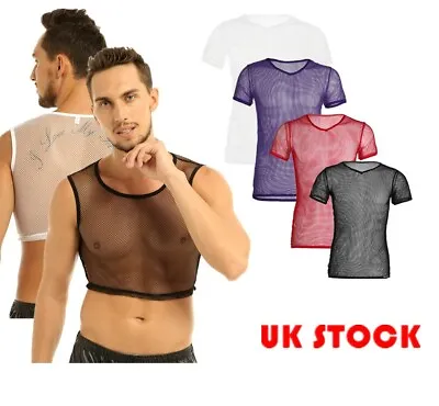 Men Gym Fitness Muscle Mesh T-shirt  Vest Fishnet Crop Top See Through Clubwear • £6.89