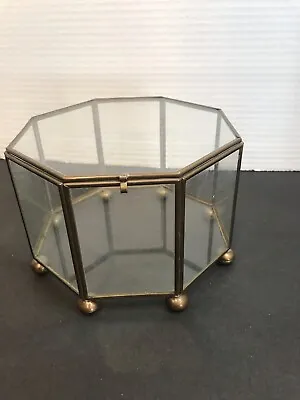 Vintage Octogon Brass & Glass  Display Case Hinged Lid 6  Wide 4  Tall • $36