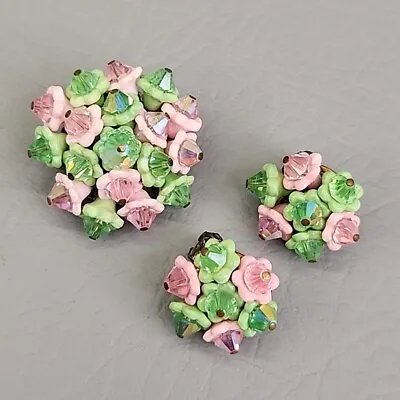 Flower Cluster Brooch Clip On Earrings Set Vtg Pink Green Cups Glass Bead Japan • $39.99