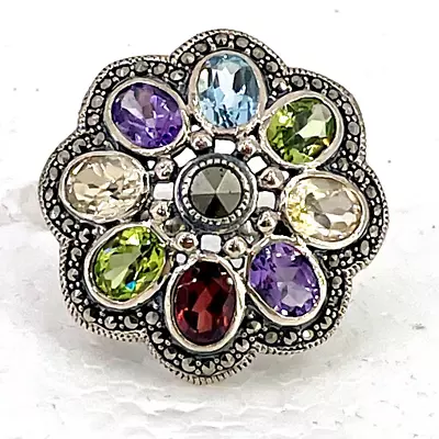 Tillya Treasures 8.40 Ctw Oval Multi Gem & Marcasite Sterling Silver Ring Sz 8  • $35