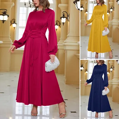 UK Women Long Sleeve Laace Up Tie Maxi Dress Cocktail Party Prom Dresses Plus • £24.08