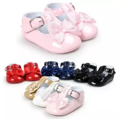 Newborn Baby Girl Shiny Crib Pram Shoes SPANISH Style Bow Sole Prewalker 0-18M • £6.99