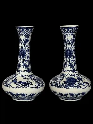 Charming Pair Of Vintage Chinese Blue And White Porcelain Vases Birds Flowers • £40