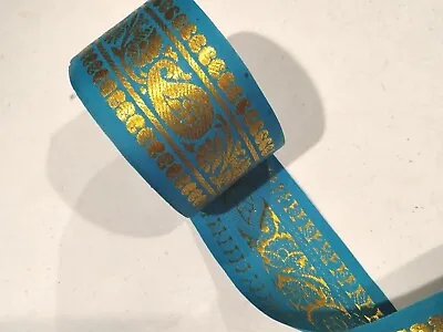Gold Metallic Embroidered Ribbon Teal Blue Lace 2.5  Width  • $3