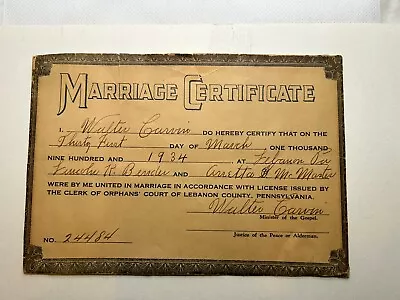 1934 Marriage Certificate Lebanon County Pennsylvania • $8.99