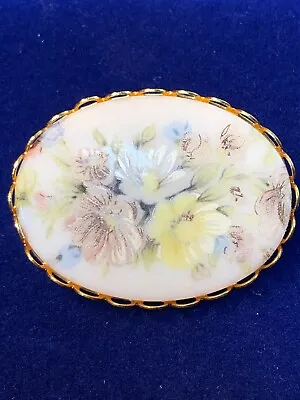 Vintage Pin Brooch Estate  Milk Glass Hand Painted Cab Pastel Flowers Gold 13/4” • $17.70