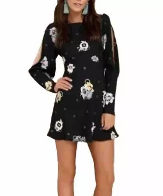 Free People Women’s Sunshadows Slit Sleeve Mini Dress Florals Black Sz 0 • $34.99