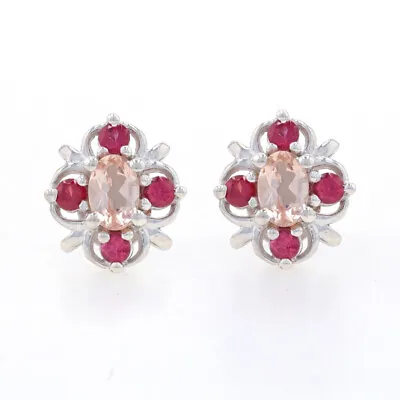 Sterling Morganite & Rhodolite Garnet Stud Earrings - 925 Oval Flowers Pierced • $39.99