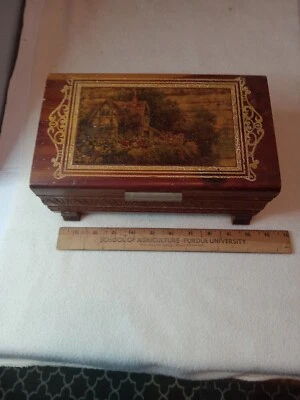 $19.87 • Buy Vintage Carved Cedar,  Jewelry  Box Chest,   County House Picture On Top