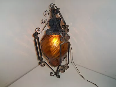 Vtg MCM Hanging Ceiling Lamp Amber Gold Glass Retro Swag Mid Century Diffuser • $229.99