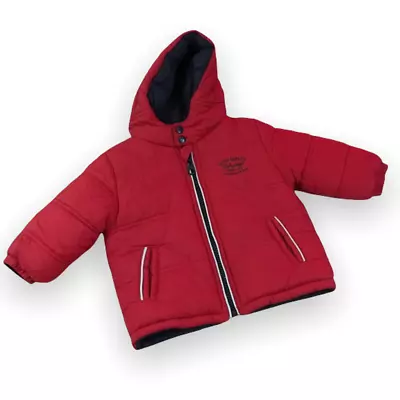 Mayoral Boys Coat Size 6 Mo Red Navy Plaid Reversible Hooded Quilted Winter NEW • $50