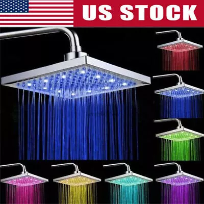 $19.99 • Buy LED Square 8 Inch Rainfall Shower Head Sprayer 7 Colors Changing Square Shower