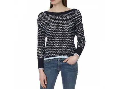 Rag & Bone Daniela Jumper Size XS Navy Boat Neck Checky Open Knit Sweater • £34.99