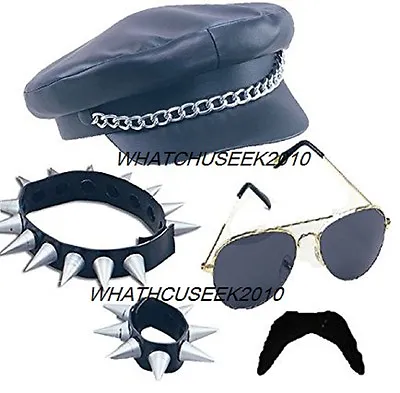 Mens Fancy Dress Black Punk Goth Rock Spike Set YMCA Hat Camp Hat Moustache • £18.95