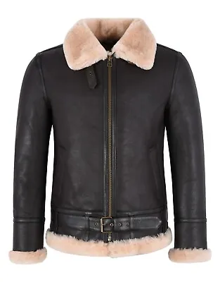 Mens B3 Sheepskin Jacket Brown Real Shearling Fur RAF Winter Belted Jacket NV-47 • £340