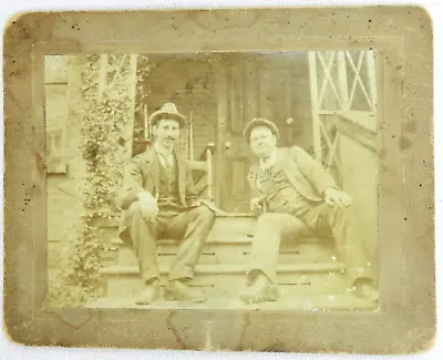 Two Men In Suit With Ties And Hat Sit On Stairs To Porch - C.1900s Cabinet Card • $12.59