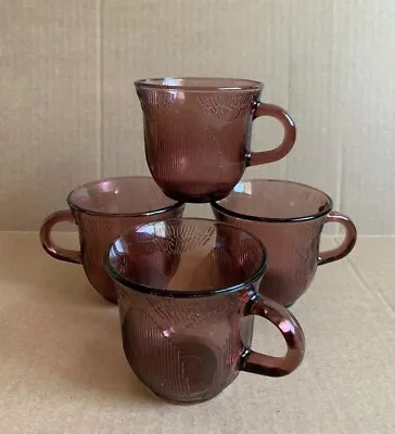 Set Of 4 Vintage Fortecrisa Amethyst Glass Embossed Mugs Coffee Tea Cups Mexico • $29.21