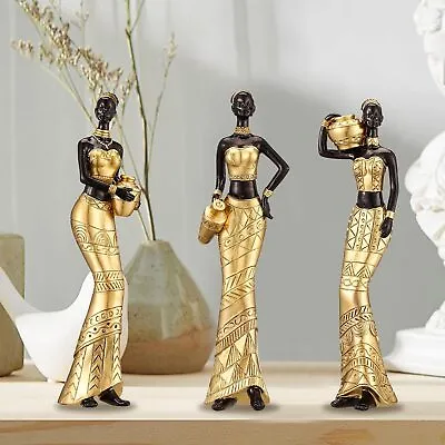 Set 3 Figurines Women's African Resin Gold Vintage Tribal Carved Medium Decor • $50