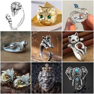 Retro 925 Silver Tiger Animal Rings Women Cubic Zirconia Party Band Jewelry Gift • £3.76