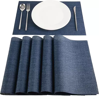Place Mats Indoor Set Of 6 Dark Blue Woven Vinyl Placemats Kitchen Dining Patio  • $15.93