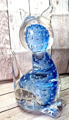 Beautiful Blue Bubbled Murano Glass Cat Paperweight • £8.99