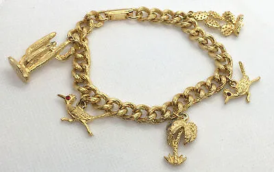 Bright Goldtone Vintage Desert Tourist Charm Bracelet W/palm Tree & Cactus! • $17