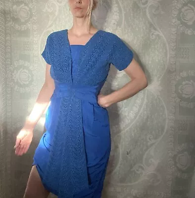 Vintage 1950s Blue Pinup Dress Lace Cocktail Party Dress Sz 10 - 12 • $90