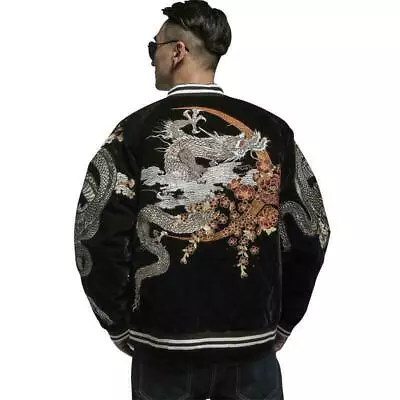 Mens Souvenir Bomber Jacket Japanese Retro Embroidery Sukajan Velvet Dragon 2023 • $87.53