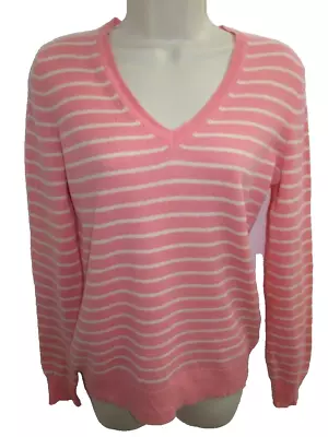 Lord & Taylor 100% Cashmere Pink Striped V-Neck Sweater M May Fit Small S • $19.95