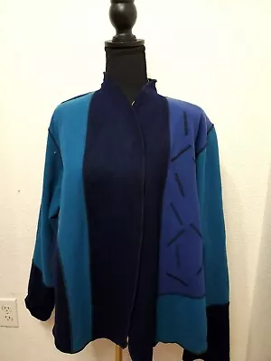 Beppa Womens Sz L Vintage Pure Wool Open Coat Jacket Blue Embroidered Art • $60