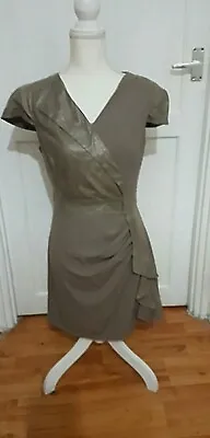 £15 • Buy Women's Dress Ruffle Eva& Lola Faux Leather Trim Dress Taupe Size M Fits UK 10