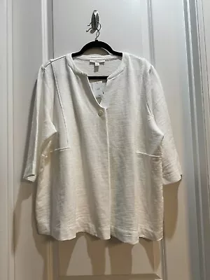 NWT J Jill Purejill XL White 1 Button 3/4 SLeeve Split VNeck Top Organic Cotton • $36