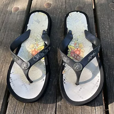 Ed Hardy Flip Flops Size 11/12 Rose Skull Black White Multicolor Faded Preowned • $12.99